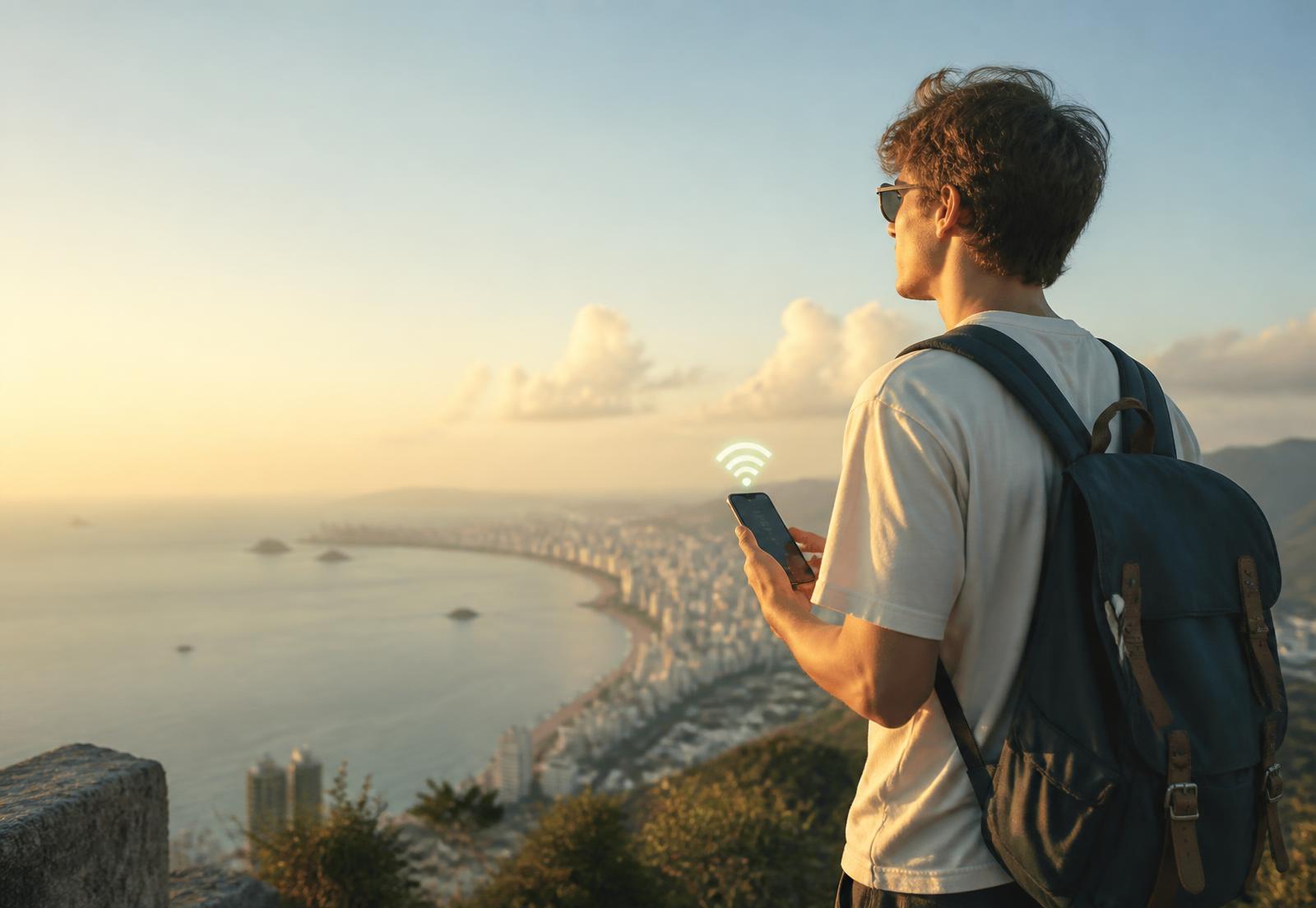 Traveler using a phone with a travel eSIM on a coastal overlook